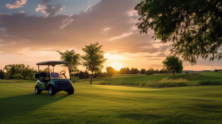 A Golf car, Golf cart car in fairway of golf course with fresh green grass field and cloud sky and tree at sunset. Generative Aiの素材