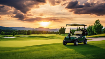 A Golf car, Golf cart car in fairway of golf course with fresh green grass field and cloud sky and tree at sunset. Generative Aiの素材
