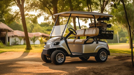 A Golf car, Golf cart or car on golf course. Equipment and bag are put in ready for golfer to player in field. Generative Aiの素材