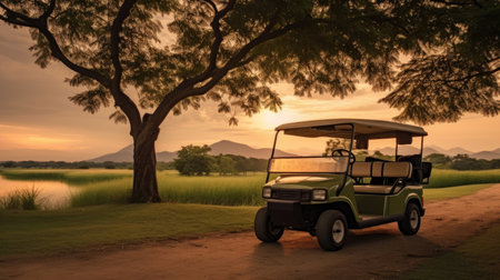 A Golf car, Golf cart car in fairway of golf course with fresh green grass field and cloud sky and tree at sunset. Generative Aiの素材