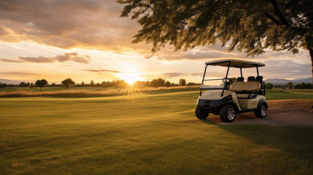 A Golf car, Golf cart car in fairway of golf course with fresh green grass field and cloud sky and tree at sunset. Generative Aiの素材