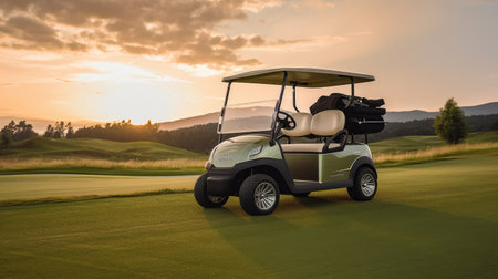 A Golf car, Golf cart car in fairway of golf course with fresh green grass field and cloud sky and tree at sunset. Generative Aiの素材