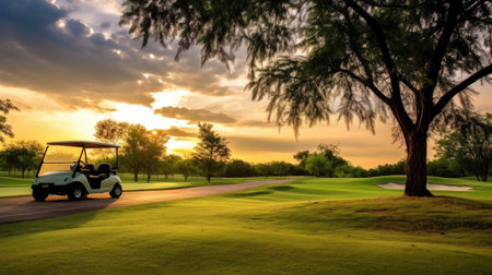 A Golf car, Golf cart car in fairway of golf course with fresh green grass field and cloud sky and tree at sunset. Generative Aiの素材