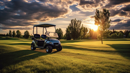A Golf car, Golf cart car in fairway of golf course with fresh green grass field and cloud sky and tree at sunset. Generative Aiの素材