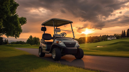 A Golf car, Golf cart car in fairway of golf course with fresh green grass field and cloud sky and tree at sunset. Generative Aiの素材
