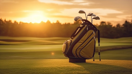 Golf club bag for golfer training and play in game with golf course background at sunset. Golfer. Generative Aiの素材