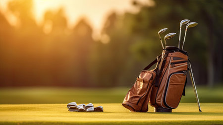 Golf club bag for golfer training and play in game with golf course background at sunset. Golfer. Generative Aiの素材