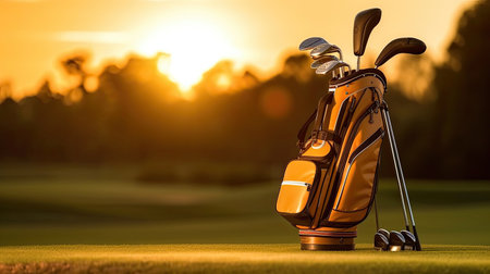 Golf club bag for golfer training and play in game with golf course background at sunset. Golfer. Generative Aiの素材