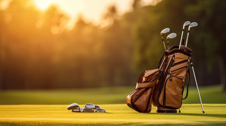 Golf club bag for golfer training and play in game with golf course background at sunset. Golfer. Generative Aiの素材