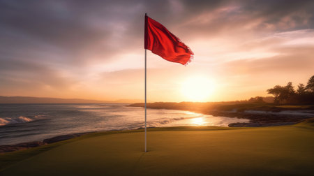 Red flag at the beautiful golf course at the ocean side at sunset. Generative Aiの素材
