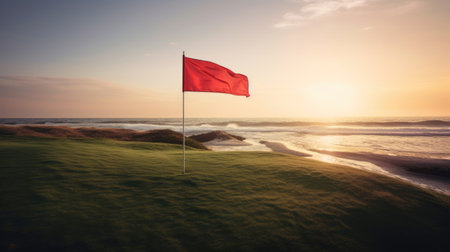 Red flag at the beautiful golf course at the ocean side at sunset. Generative Aiの素材