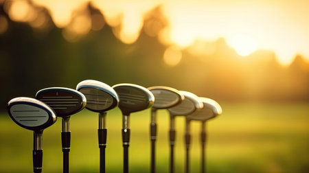 Golf clubs drivers over green field background at sunset. Golfer. 
 Generative Aiの素材
