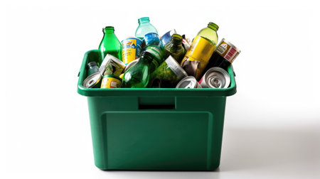 A Green recycling bin full of recyclable items isolated on a white background. Generative Aiの素材