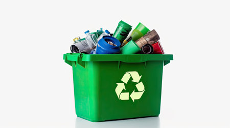 A Green recycling bin full of recyclable items isolated on a white background. Generative Aiの素材