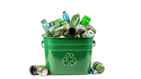 A Green recycling bin full of recyclable items isolated on a white background. Generative Aiの素材