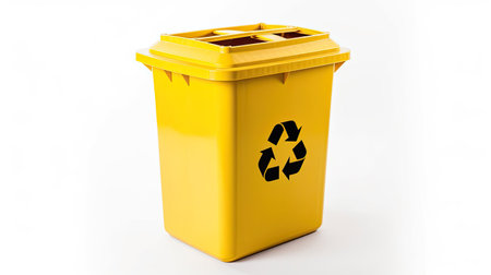 A Yellow recycle bin with recycle symbol isolated on white background. Generative Aiの素材