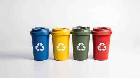 Collection of Yellow, Green, Blue and Red recycle bins with recycle symbol isolated on white background. Generative Aiの素材