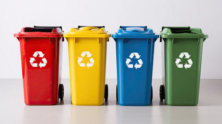 Collection of Yellow, Green, Blue and Red recycle bins with recycle symbol isolated on white background. Generative Aiの素材