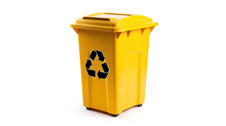 A Yellow recycle bin with recycle symbol isolated on white background. Generative Aiの素材