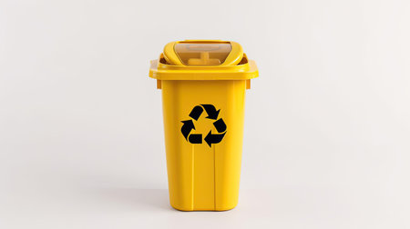 A Yellow recycle bin with recycle symbol isolated on white background. Generative Aiの素材