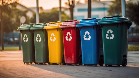 Collection of Yellow, Green, Blue and Red recycle bins with recycle symbol in public. Generative Aiの素材