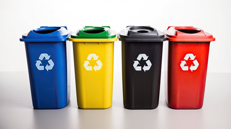 Collection of Yellow, Green, Blue and Red recycle bins with recycle symbol isolated on white background. Generative Aiの素材