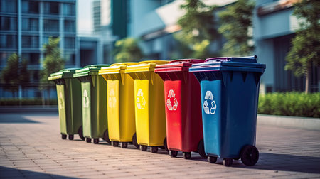 Collection of Yellow, Green, Blue and Red recycle bins with recycle symbol in public. Generative Aiの素材