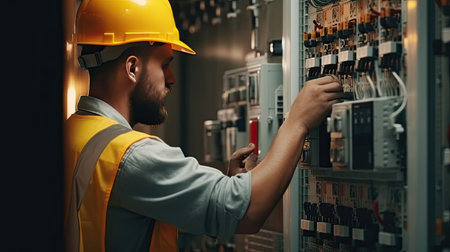 Electrician engineer tests electrical installations and wires on relay protection system. Bay control unit. Medium voltage switchgear. Generative Aiの素材