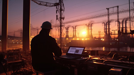 An electrical engineer checking position using notebook computer at power station for planning work. production of high voltage electric poles. Generative Aiの素材