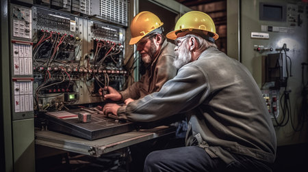 Two maintenance engineers inspect relay protection system with laptop computer. Bay control unit. Medium voltage switchgear. Generative Aiの素材