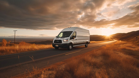 A White Delivery Van Transported on a road at sunset. Transport. Generative Aiの素材