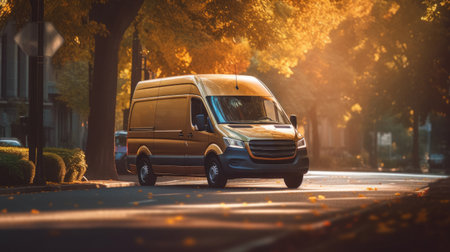 A Transport delivery van run fast on city roads. Generative Aiの素材