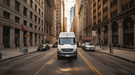 A white delivery van transported on a road in city. Transport. Generative Aiの素材