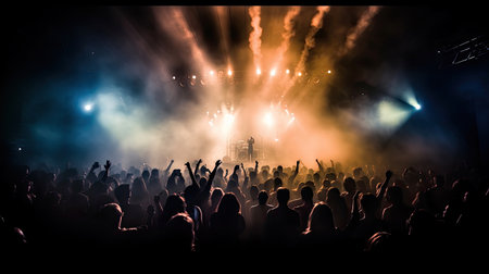 Silhouette of concert crowd in front of bright stage lights. Dark background, smoke, concert spotlights, disco ball. Crowd at Concert. Generative Aiの素材