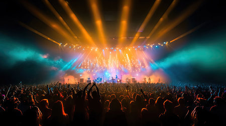 Silhouette of concert crowd in front of bright stage lights. Dark background, smoke, concert spotlights, disco ball. Crowd at Concert. Generative Aiの素材
