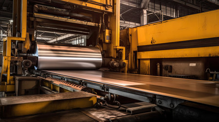 Cold rolled steel sheet on plate rolling machine in production process at factory. Generative Aiの素材