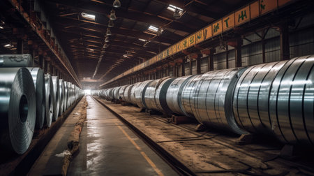 Rolls of galvanized steel sheet inside the factory. Galvanized steel sheet in warehouse. Generative Aiの素材