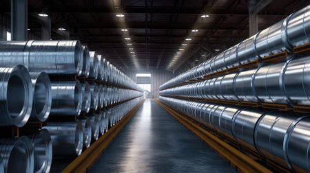 Rolls of galvanized steel sheet inside the factory. Galvanized steel sheet in warehouse. Generative Aiの素材