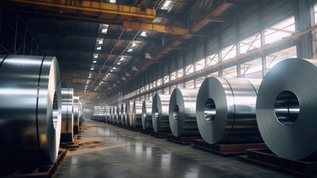 Rolls of galvanized steel sheet inside the factory. Galvanized steel sheet in warehouse. Generative Aiの素材