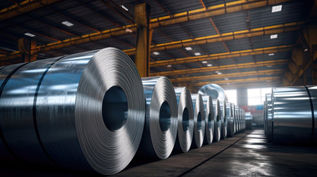 Rolls of galvanized steel sheet inside the factory. Galvanized steel sheet in warehouse. Generative Aiの素材