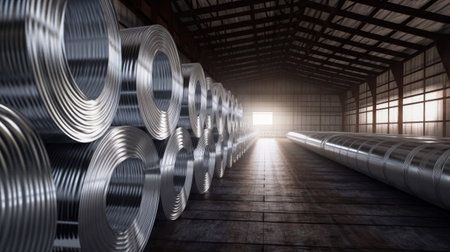 Rolls of galvanized steel sheet inside the factory. Galvanized steel sheet in warehouse. Generative Aiの素材