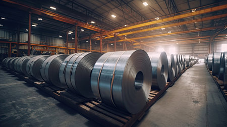 Rolls of galvanized steel sheet inside the factory. Galvanized steel sheet in warehouse. Generative Aiの素材