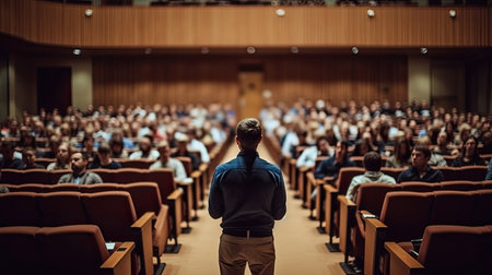A male speaker giving presentation in hall at university workshop. Audience or conference hall. Training. Generative Aiの素材