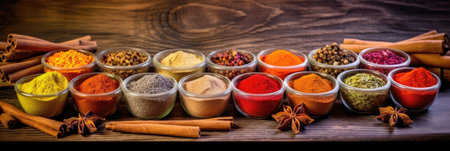 Set of Colourful spices on the table. Various Spices in on wooden background. Generative Aiの素材