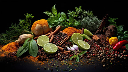 Colorful and aromatic herbs and spices on a dark background. Generative Aiの素材