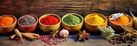 Set of Spices and herbs for cooking. Small bowls with colorful seasonings and spices, basil, pepper, saffron, salt, paprika, turmeric on rustic wooden plank table background. Generative Aiの素材