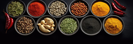 Set of Spices and herbs for cooking. Small bowls with colorful seasonings and spices, basil, pepper, saffron, salt, paprika, turmeric on rustic wooden plank table background. Generative Aiの素材