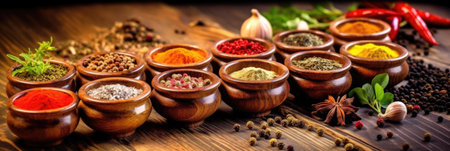 Set of Colourful spices on the table. Various Spices in on wooden background. Generative Aiの素材