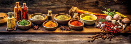 Set of Spices and herbs for cooking. Small bowls with colorful seasonings and spices, basil, pepper, saffron, salt, paprika, turmeric on rustic wooden plank table background. Generative Aiの素材
