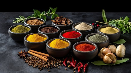 Set of Spices and herbs for cooking. Small bowls with colorful seasonings and spices, basil, pepper, saffron, salt, paprika, turmeric on rustic wooden plank table background. Generative Aiの素材